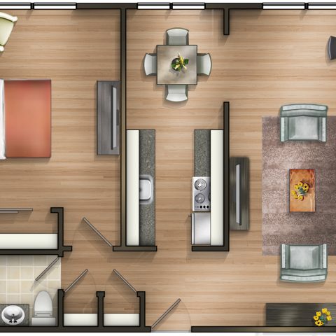 One Bedroom · A floor plan